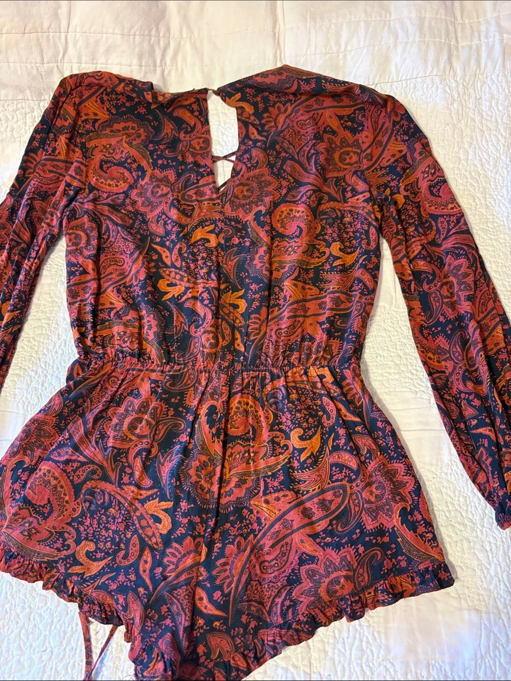 Boho Paisley Lace-Up Women’s One-Piece Romper in Burgundy